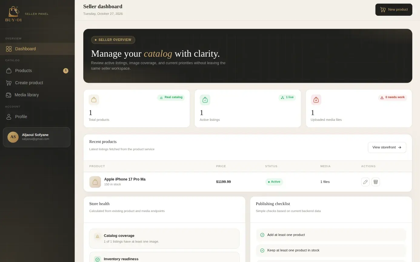 Buy01's seller dashboard: a dark sidebar (Dashboard, Products, Create product, Media library, Profile), counters for total products, active listings and uploaded media files, and a recent-products table with price, status, media count and edit and delete actions
