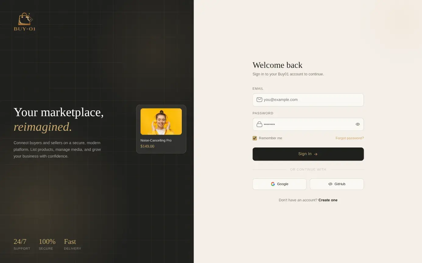 Buy01's sign-in page: "Your marketplace, reimagined." with a product card on the left, and on the right the email and password form with Google and GitHub buttons