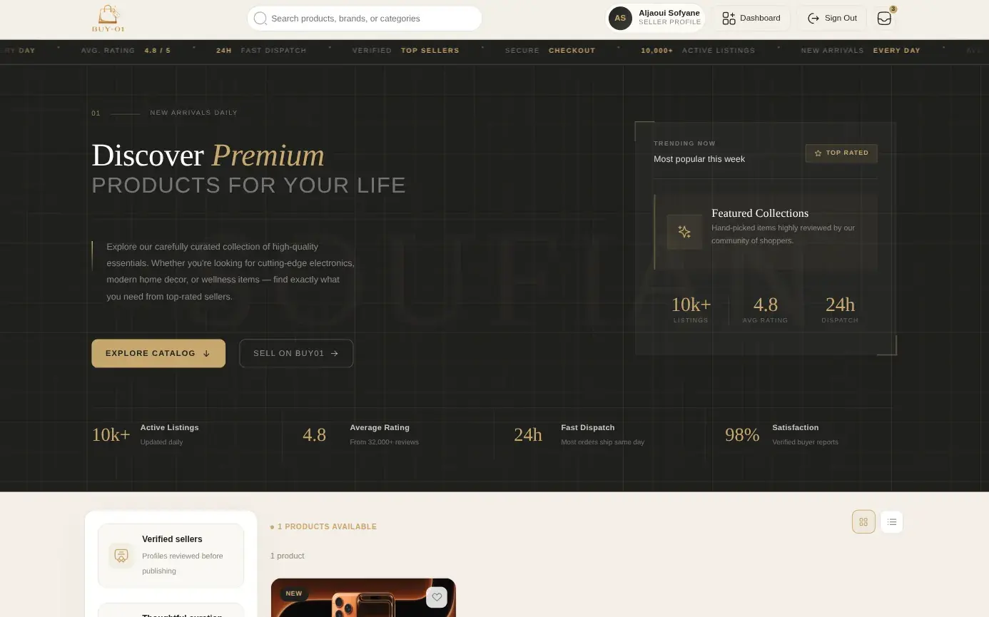 Buy01's storefront: a search bar and the seller's menu above a dark hero, "Discover Premium products for your life", with Explore catalog and Sell on Buy01 buttons, then the product grid