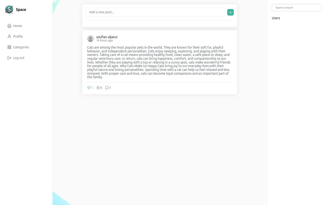 Real-Time Forum's home feed: the new-post box above a post with its upvote, downvote and comment counts, the menu on the left (Home, Profile, Categories, Log out) and the user search on the right