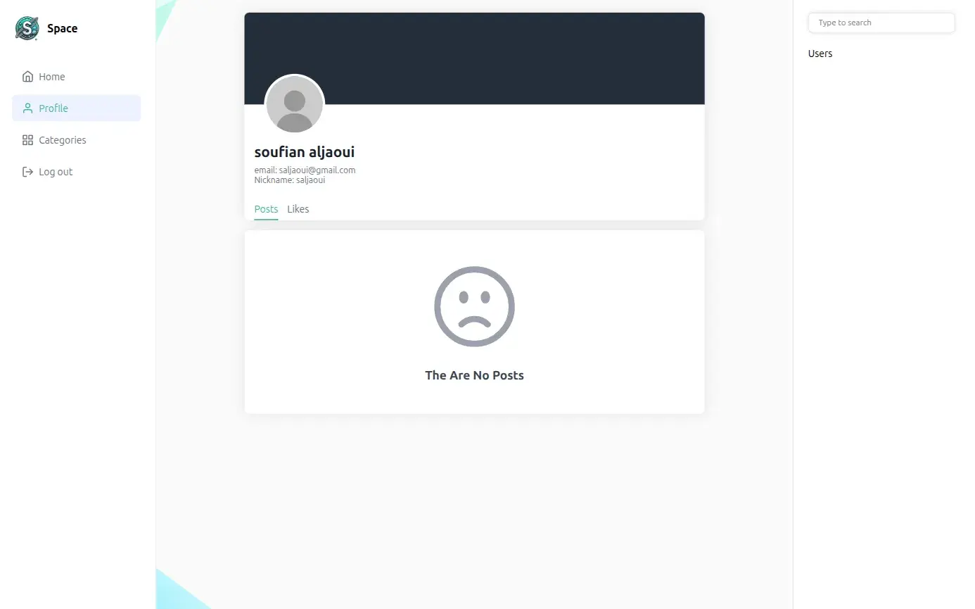 Real-Time Forum's profile page: the user's name, email and nickname under a dark banner, Posts and Likes tabs, and an empty posts list